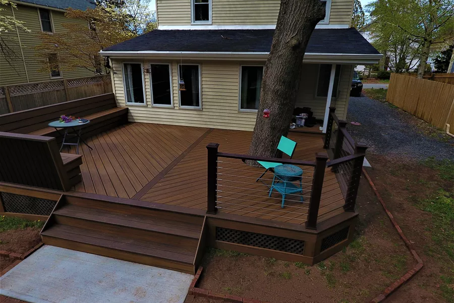 Around the tree deck , V-shape floor & custom bench