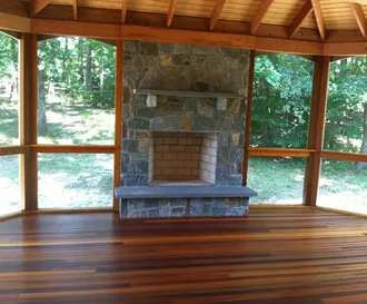 Porch with stone fireplace