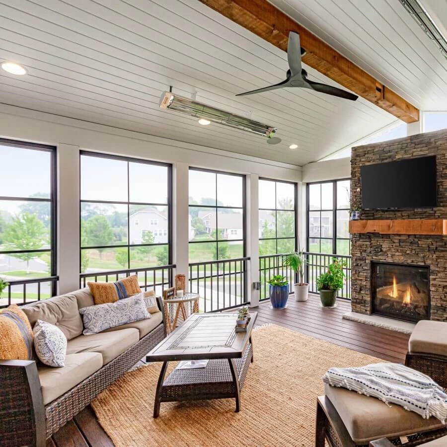 Enclosed deck with a fireplace