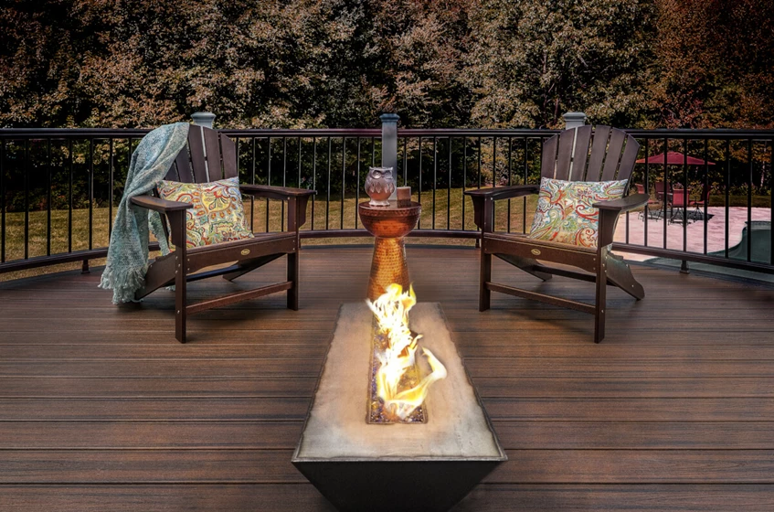 Patio with a fire pit and 2 patio chairs around the fire