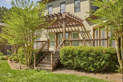 A deck obscured by tress and bushes