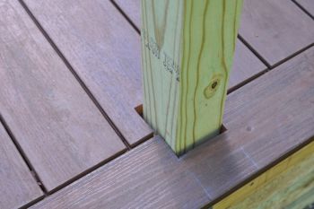 Decking around an inside rail post.
