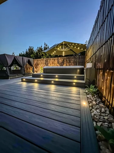 Nighttime Hot Tub Deck With Stair Lights