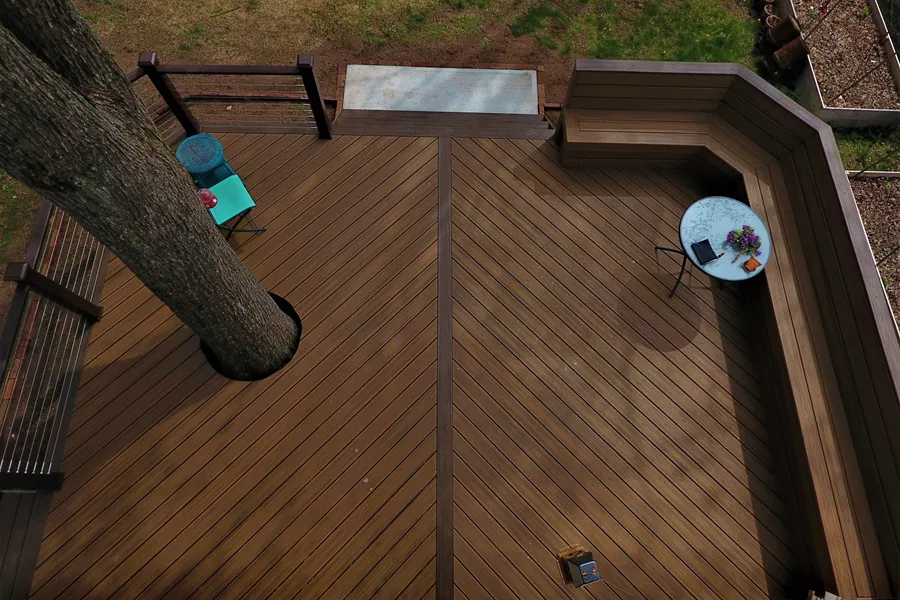 Around the tree deck , V-shape floor & custom bench