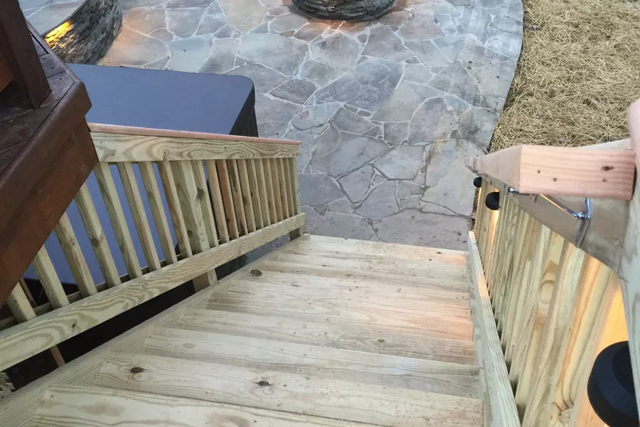 Flagstone patio with Hot tub.